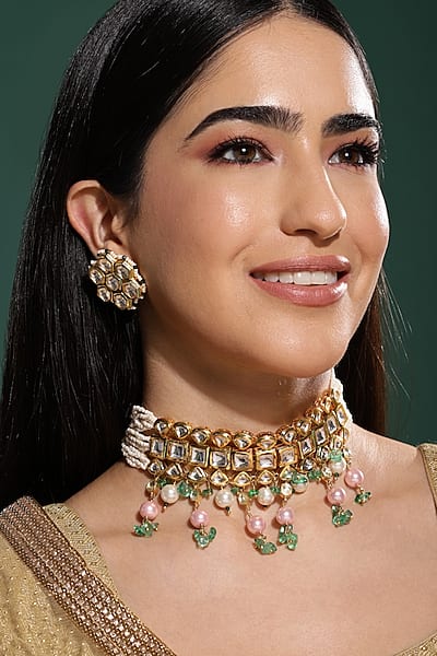 Gold Finish Kundan Polki & Onyx Stone Meenakari Choker Necklace Set by Heer-House Of Jewellery