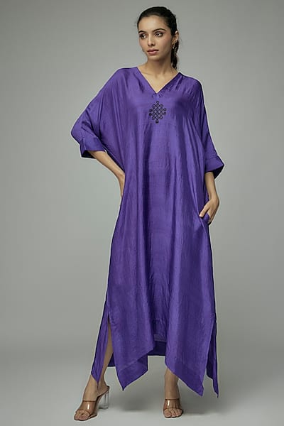Purple Pure Mulberry Silk Handspun Screen Printed Kimono Dress by INKPIKLE