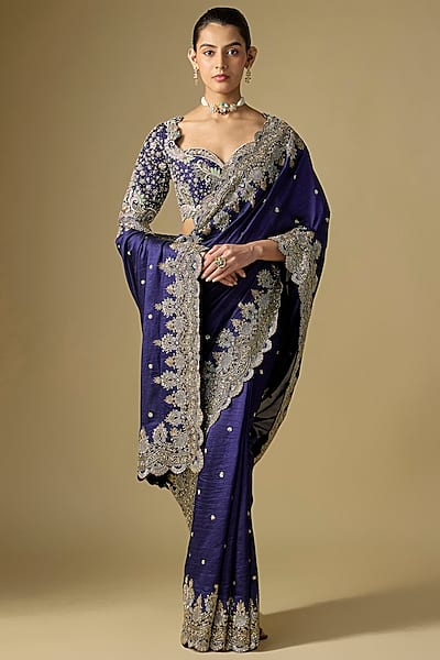 Purple Raw Silk Embroidered Saree Set by Jayanti Reddy