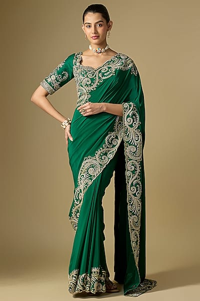Emerald Green Raw Silk Embroidered Saree Set by Jayanti Reddy