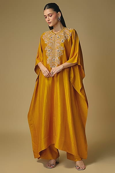 Mango Yellow Silk Zardosi Work Kaftan Set by Jayanti Reddy