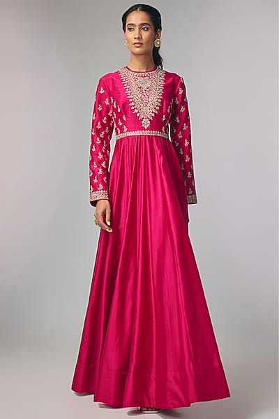 Pink Raw Silk & Silk Zardosi Work Anarkali by Jayanti Reddy