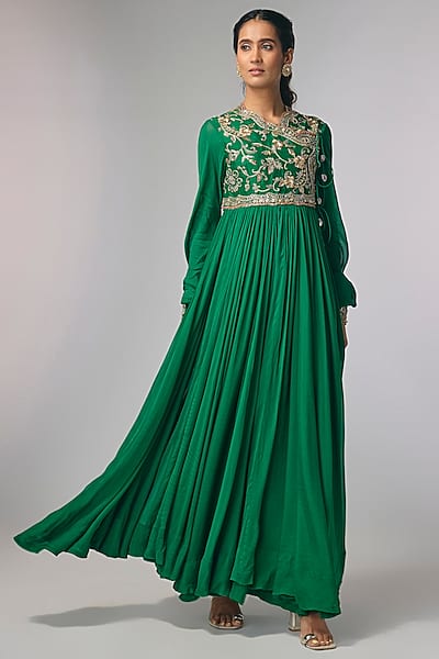 Bottle Green Raw Silk & Chiffon Zardosi Work Anarkali Set by Jayanti Reddy