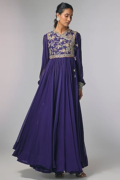 Purple Raw Silk & Chiffon Zardosi Work Anarkali Set by Jayanti Reddy