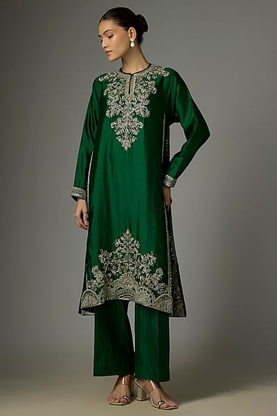 Bottle Green Silk Zardosi Embroidered Kurta Set by Jayanti Reddy