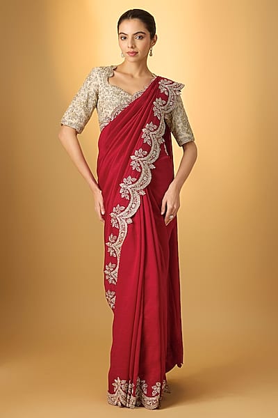 Red Silk Embroidered Saree Set by Jayanti Reddy