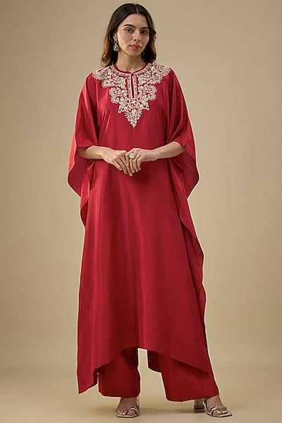 Red Silk Zardosi Embroidered Kaftan Set by Jayanti Reddy