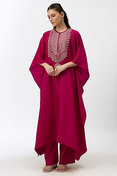 Pink Silk Zardosi Embroidered Kaftan Set by Jayanti Reddy
