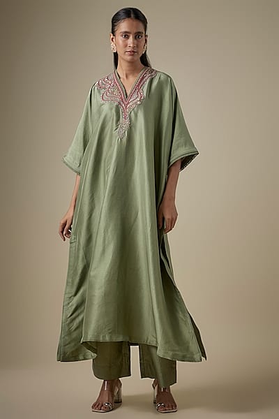 Green Silk Embroidered Kaftan Set by Jayanti Reddy