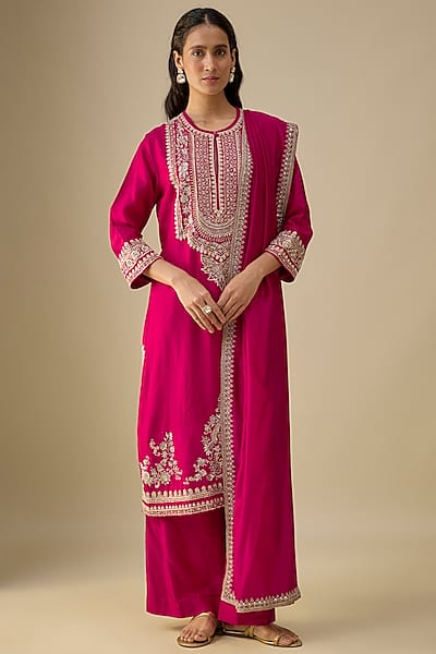 Pink Silk Zardosi Embroidered Kurta Set by Jayanti Reddy