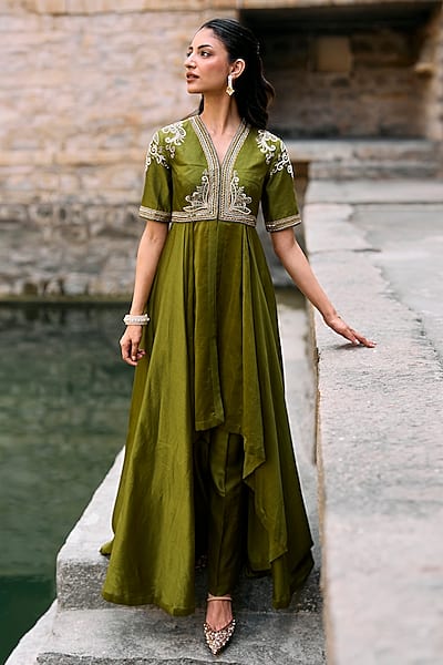 Olive Green Silk Zardosi Embroidered High-Low Anarkali Set by Jayanti Reddy