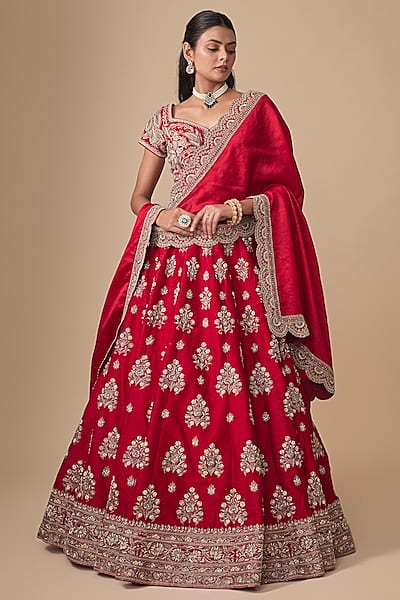 Red Raw Silk Zardosi Embroidered Bridal Lehenga Set by Jayanti Reddy