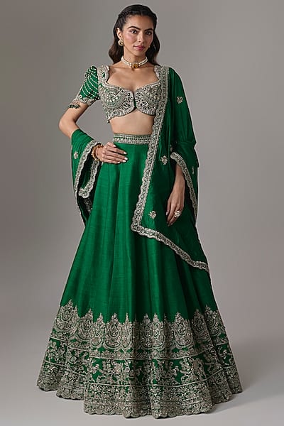 Bottle Green Raw Silk Zardosi Embroidered Lehenga Set by Jayanti Reddy