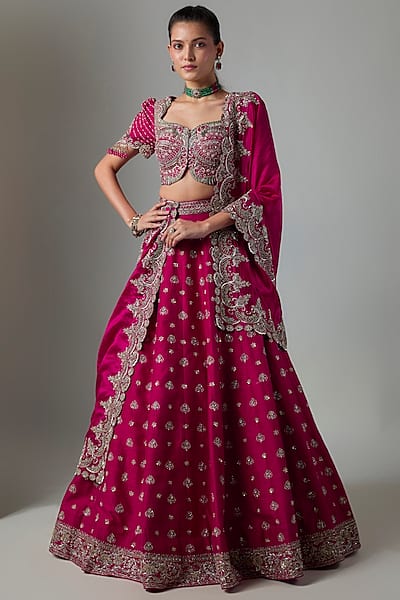 Pink Raw Silk Hand Embroidered Bridal Lehenga Set by Jayanti Reddy