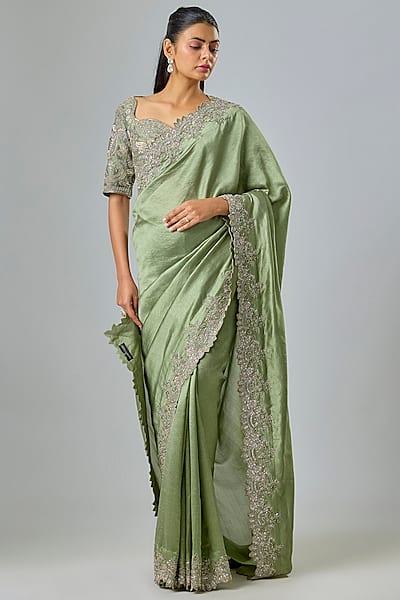 Mint Green Silk Zardosi Embroidered Saree Set by Jayanti Reddy