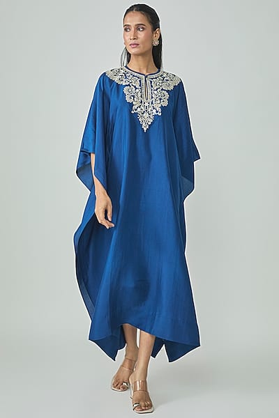 Blue Silk Zardosi Work Kaftan by Jayanti Reddy