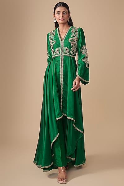 Bottle Green Silk Zardosi Embroidered High-Low Anarkali Set by Jayanti Reddy