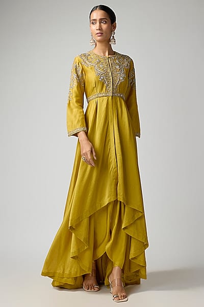 Mustard Silk Zardosi Embroidered Anarkali Set by Jayanti Reddy