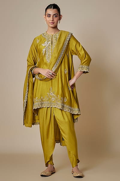 Mustard Yellow Silk Embroidered Tunic Set by Jayanti Reddy