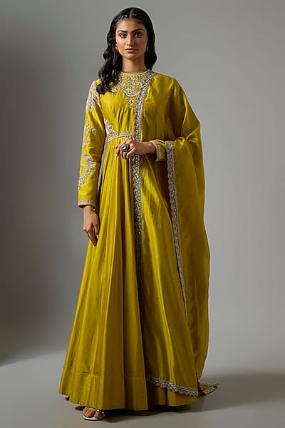 Mustard Silk Embroidered Anarkali Set by Jayanti Reddy