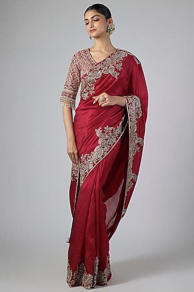 Red Silk Zardosi Embroidered Saree Set by Jayanti Reddy
