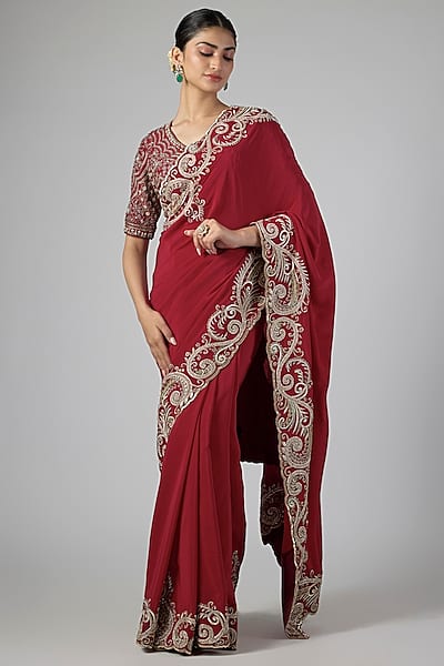 Red Silk Zardosi Embroidered Saree Set by Jayanti Reddy