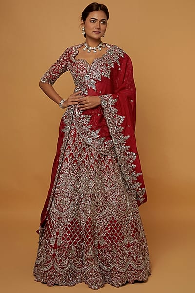 Red Raw Silk Embroidered Lehenga Set by Jayanti Reddy