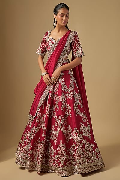 Red Raw Silk Zardosi Embroidered Lehenga Set by Jayanti Reddy