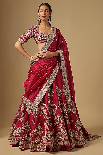 Red Raw Silk Zardosi Embroidered Lehenga Set by Jayanti Reddy