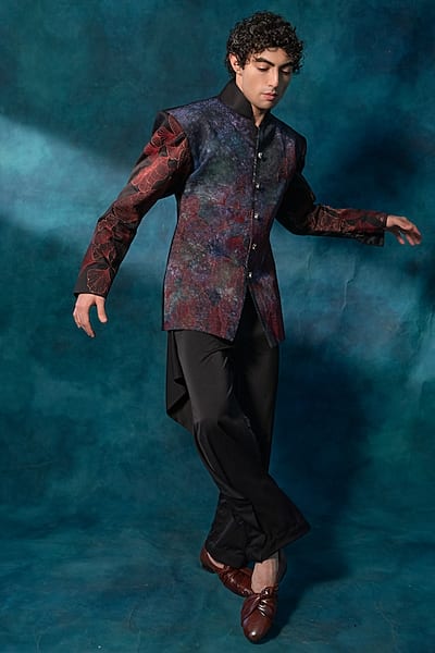 Black Cotton Hand Paint & Embroidered Blazer Set by Jatin Malik