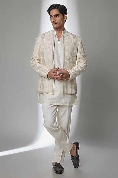 Ivory Raw Silk Indowestern Set by Sarab Khanijou