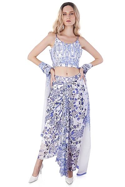White Georgette Printed Dhoti Skirt Set by Jyo Das