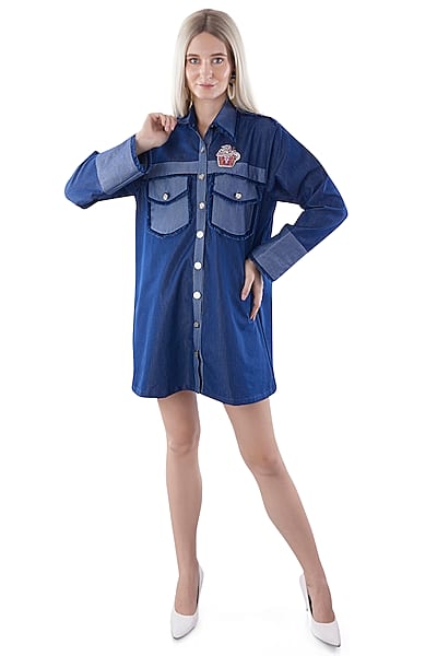 Cobalt Blue Denim Hand Embroidered Shirt Dress by Jyo Das