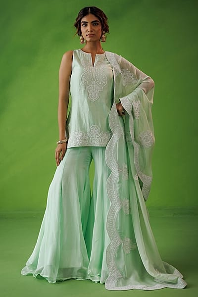Mint Green Chanderi Dori Embroidered Sharara Set by Kisakshi Jaipur