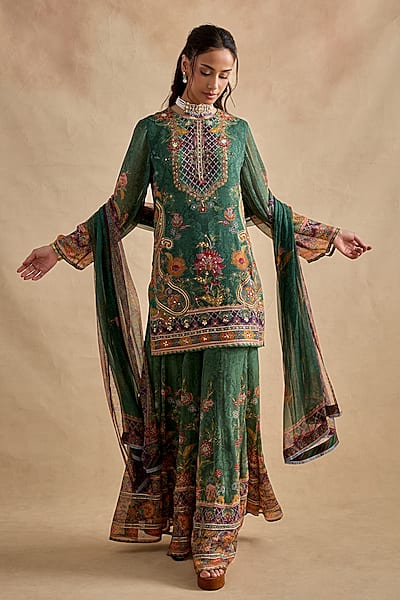 Dark Green Viscose Georgette Sharara Set by Kalista