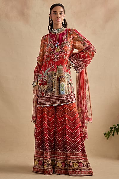 Crimson & Orange Viscose Georgette Sharara Set by Kalista