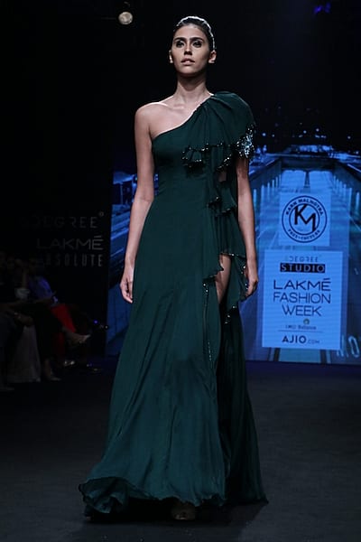 Forest Green Ruffled Gown by Karn Malhotra
