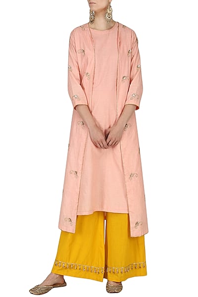 Blush Pink Embroidered Kurta and Palazzo Pants Set by Kazmi India