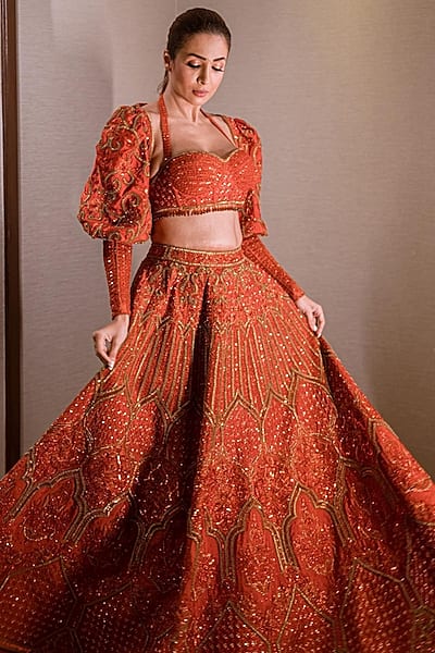 Rust Embroidered Jacket Lehenga Set by World of Asra