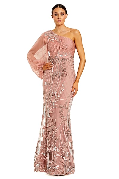 Mocha Pink Chiffon Floral Applique One Shoulder Gown by Mac Duggal