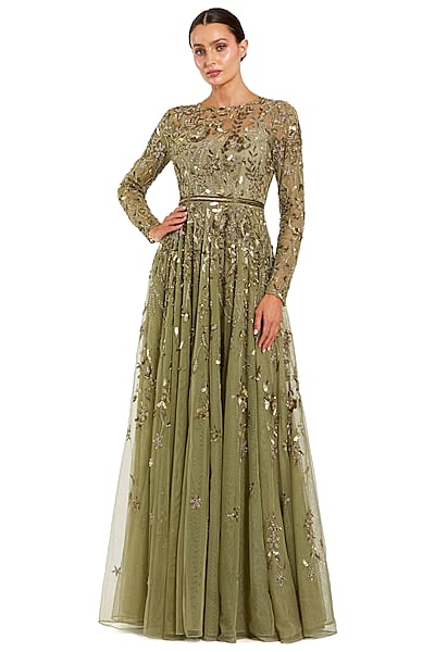 Green Mesh Floral Hand Embellished A-Line Gown by Mac Duggal