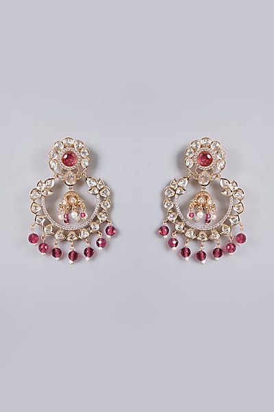 Gold Plated Kundan Polki & Red Beaded Chandbali Earrings by Minaki