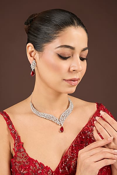 White Gold Finish Diamond & Red Cubic Zirconia Necklace Set by Minaki