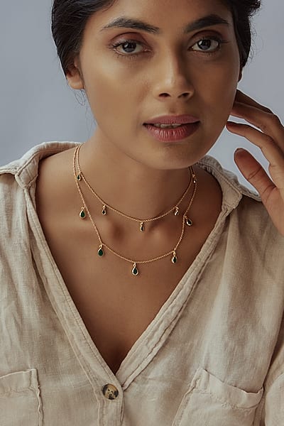 Gold Finish Green Witch Chain Necklaces (Set of 2) by Maalicious