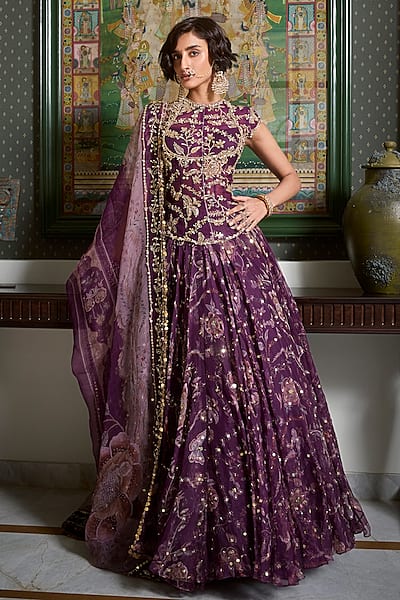 Jamun Purple Silk Organza Floral Embroidered Corset Anarkali by Mahima Mahajan