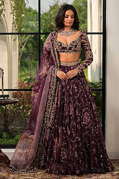 Jamun Purple Silk Organza Floral Embroidered Lehenga Set by Mahima Mahajan