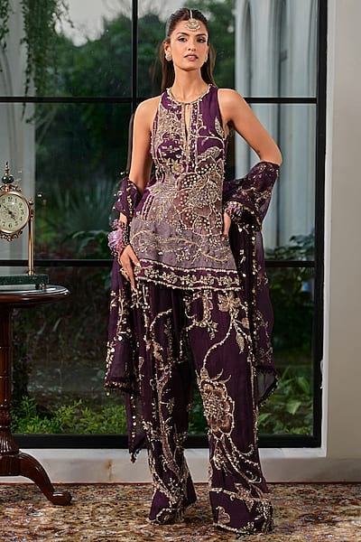 Jamun Purple Silk Organza Embroidered Kurta Set by Mahima Mahajan