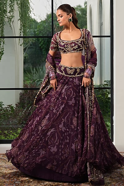 Jamun Purple Silk Organza Floral Printed Lehenga Set by Mahima Mahajan