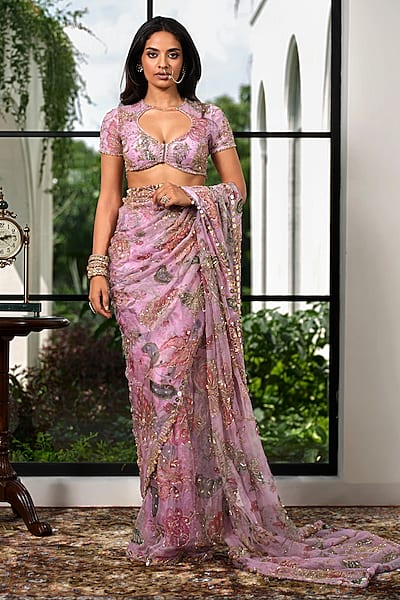 Powder Lilac Silk Organza Floral Printed Saree Set by Mahima Mahajan
