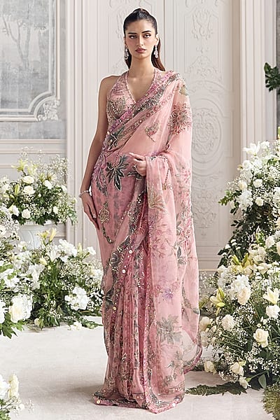 Blush Pink Silk Organza Printed Pre-Draped Saree Set by Mahima Mahajan